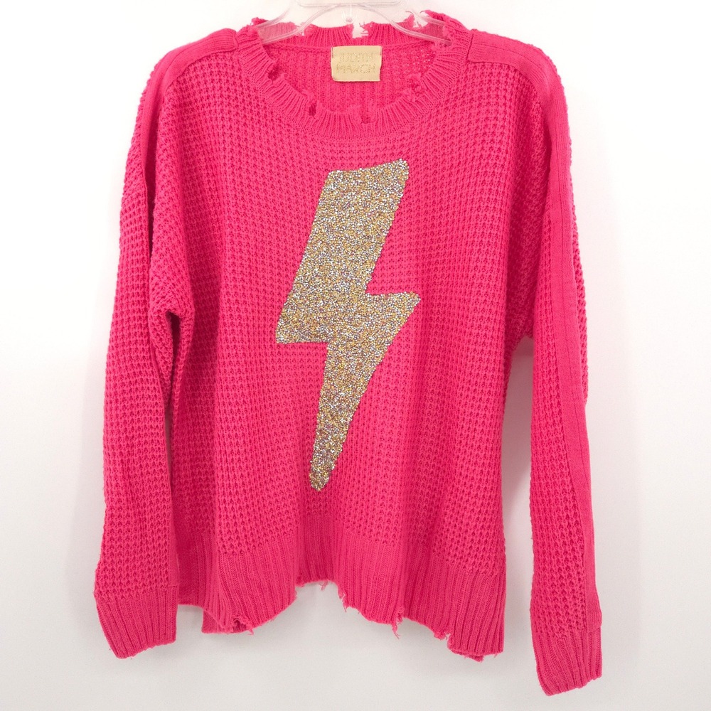 Judith March Lightning Bolt Sweater Women Large Pink Distressed Rhinestone